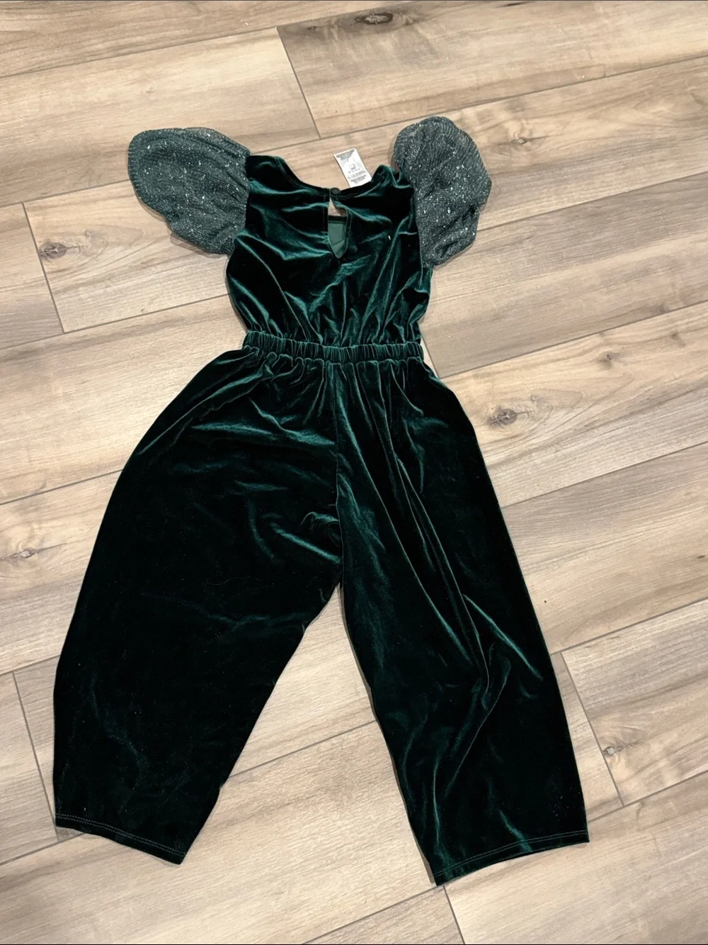 Bonnie Jean Dark Green Velvet Jumpsuit with Glitter Puff Sleeves